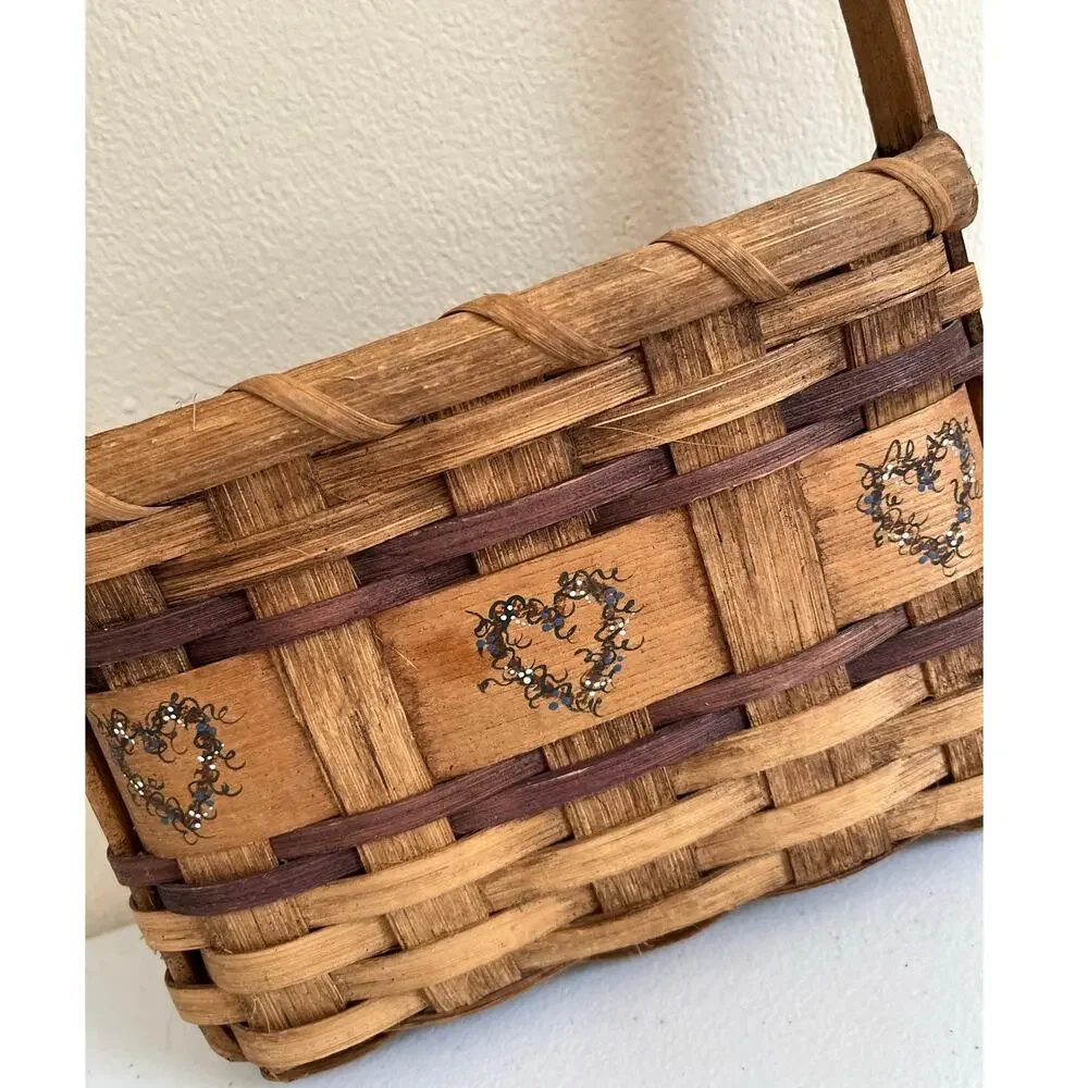 Vintage Brown Woven Bamboo Basket Heart Motif High Handle Cottagecore Folk Art